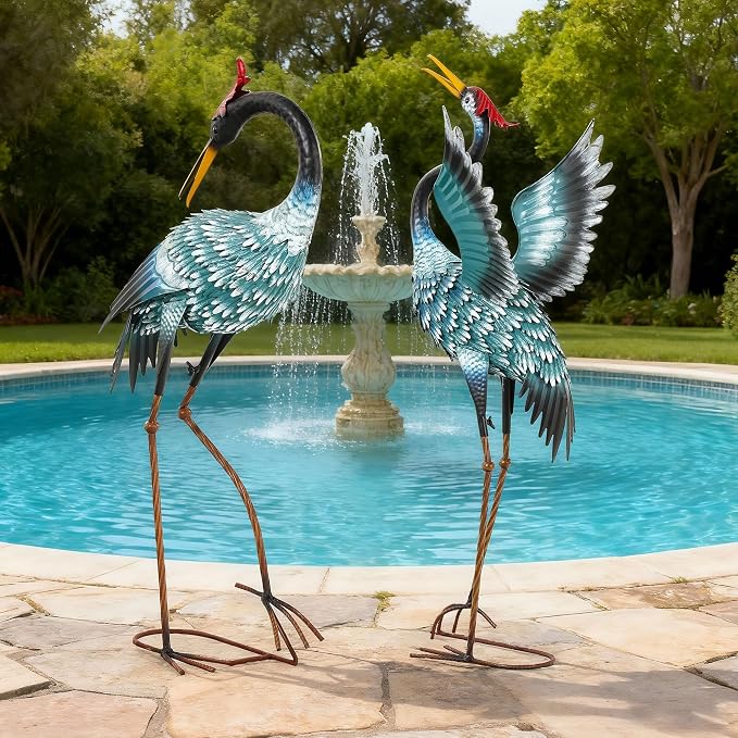 36.8" Metal Crane Statue, Blue Heron Decor Handcrafted | Garden Bird Animal Yard Art with Stable U-Ground Stakes, Lawn Ornament Decor