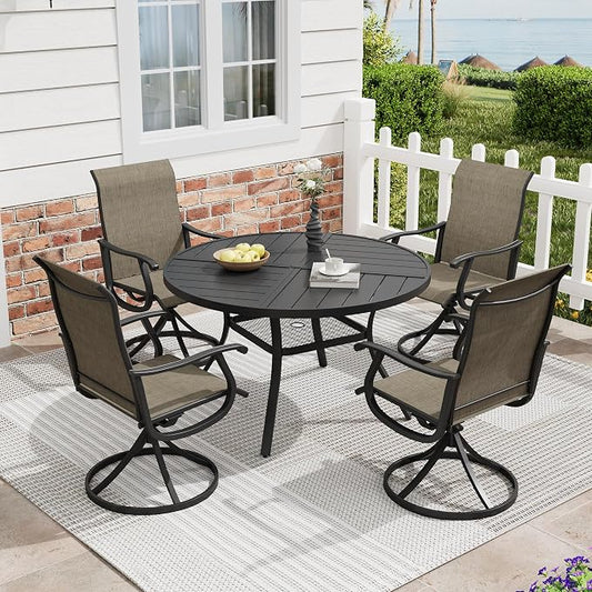 5 Pieces Patio Furniture Dining Set, 4 Textilene Swivel Dining Chairs, 41" Outdoor Round Metal Table with Storage Shelf and 1.57" Umbrella Hole, Outdoor Dining Set for Porch, Lawn, Black/Brown