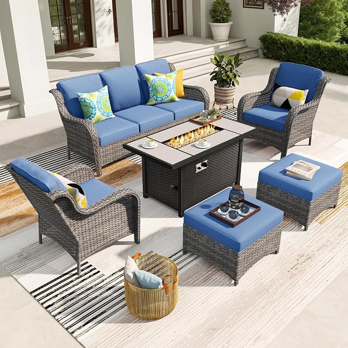 ovios 6-Pieces Patio Furniture Set with 42" Fire Pit Table, Outdoor Wicker Sofa Couch Ottomans Comfy Cushions, High Back Modern Conversation Set, Grey Rattan, Denim Blue