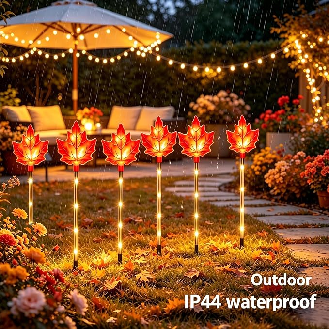 Solar Maple Leaf Lights - 6 Pack Outdoor Solar Path Lights with 8 Lighting Modes, Waterproof Garden Stake Lights for Fall, Thanksgiving, Autumn Decor, Housewarming Gifts & Outdoor Decor