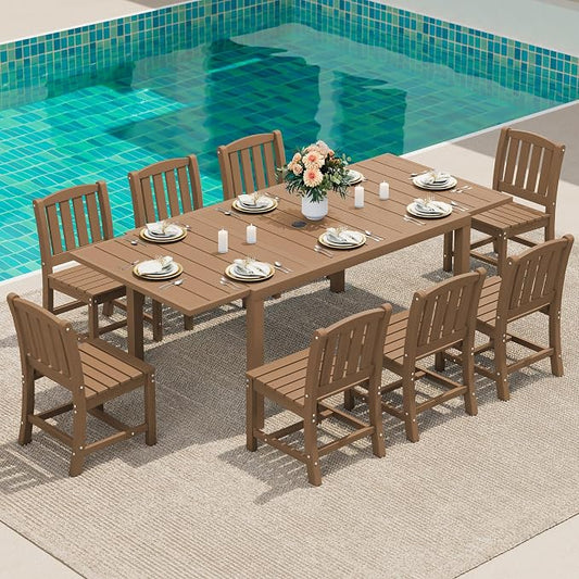 SERWALL Outdoor Patio Dining Set for 8, Brown | 60" - 83" Expandable Outdoor Dining Table and 8 HDPE Chairs, All Weather Material Outdoor Furniture Set Backyard, Garden