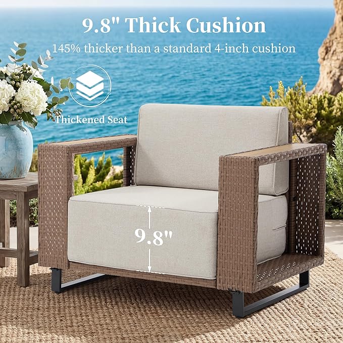 Bonzy Home Wicker Patio Chairs Set of 2, 360° Swivel Rattan Outdoor Accent Chairs with Extra-Thick Soft Cushions and Widened Armrest, Patio Conversation Sets for Porch, Garden Poolside Balcony