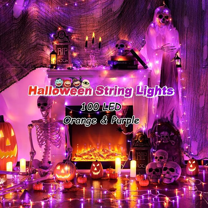 JMEXSUSS 33 FT 100 LED Orange and Purple Halloween String Lights Indoor | Plug In Halloween Lights Clear Wire, 8 Modes Outdoor Waterproof Christmas String Light for Halloween Decor