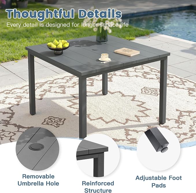 DIFY 5 Piece Outdoor Patio Dining Set for 4, 40.2" Square Metal Dining Table and Swivel Patio Chairs with Padded Textilene, All-Weather Outdoor Furniture Set for Garden Backyard Porch, Grey