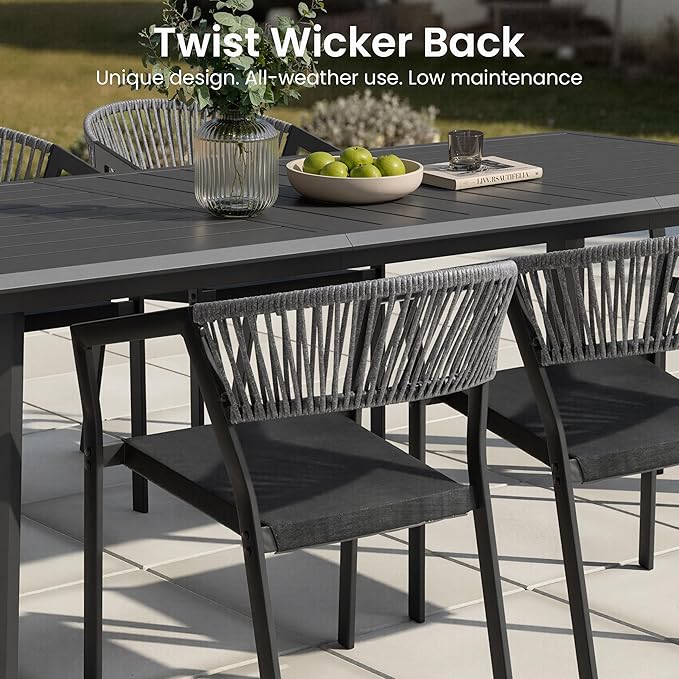 13-Piece Aluminum Outdoor Patio Dining Set with 12 Stackable Wicker Chairs | 116" Rectangular Outdoor Dining Table Weather Resistant Grey Barrel Chairs for Backyard, Deck, Poolside