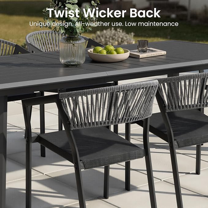9-Piece Aluminum Square Patio Dining Set with Stackable Wicker Chairs | 57" Outdoor Dining Table and with 8 Grey Barrel Chairs Weather Resistant Furniture for Backyard, Deck, Poolside