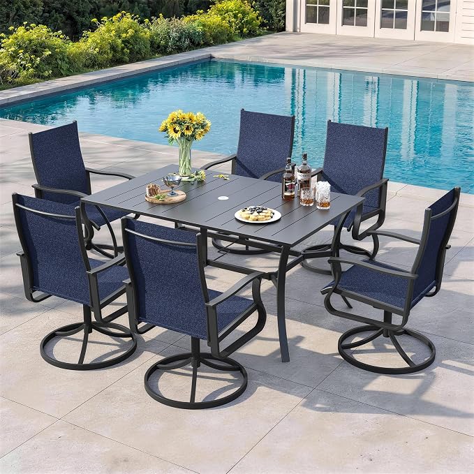 7 Pieces Patio Dining Set, Patio Outdoor Furniture Set of 6 Patio Swivel Dining Chairs and Patio Spliced Rectangular Tabletop with Umbrella Hole, for Deck, Backyard, Poolside & Garden