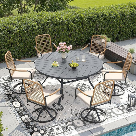 DIFY 7 Pieces Outdoor Dining Set, Metal Patio Table and Chairs Set for 6, 53.1" Round Dining Table with Umbrella Hole & Wicker Swivel Patio Chairs with Cushions, Grey Tabletop