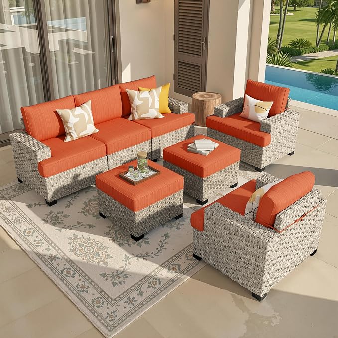 Weaxty 7 Pieces Outdoor Furniture Set, Patio Sectional Sofa Wide Seats Couch Chair with Ottoman, Thick Cushion All-Weather Rattan Patio Conversation Sets for Backyard Porch Balcony, Orange Red