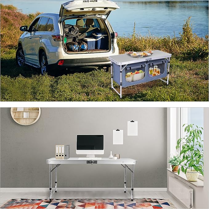 Nice C Camping Table, Folding Table Height Adjustable, Camp Storage Kitchen Table, Lightweight Aluminum, with Carry Handle for Outdoor, Beach, BBQ, Picnic, Cooking, Festival, Indoor, Office