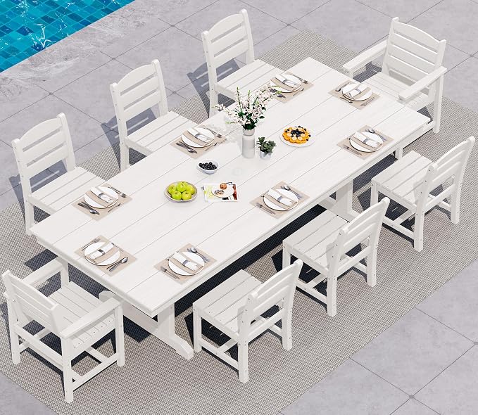 SERWALL 9 Piece Outdoor Dining Set, 84" HDPE Outdoor Table with 6 Armless Chairs and 2 Armchairs ，All Weather Patio Dining Furniture Set with Umbrella Hole for Backyard, Garden, White