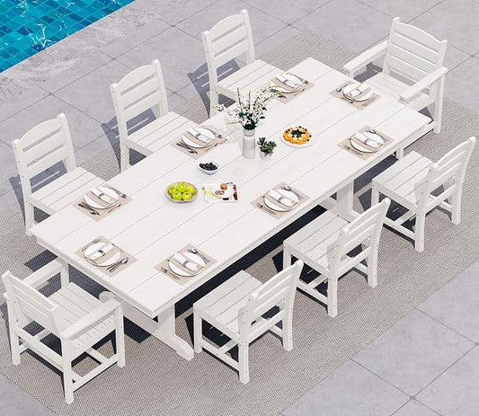 SERWALL 9 Piece Outdoor Dining Set, 84" HDPE Outdoor Table with 6 Armless Chairs and 2 Armchairs ，All Weather Patio Dining Furniture Set with Umbrella Hole for Backyard, Garden, White