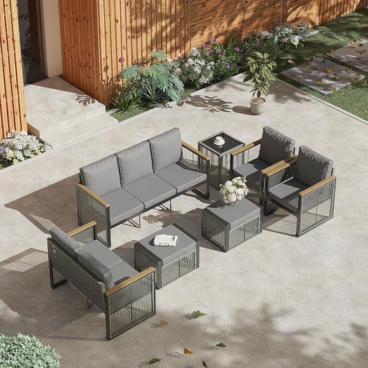HOMREST 7 Piece Outdoor Sectional Patio Conversation Set,5 Seats Metal Outdoor Patio Furniture Set, All Weather Outdoor Couch Set with 2 Ottoman,3-Seats Sofa,Love Seat,Side Table for Deck, Lawn(Grey)