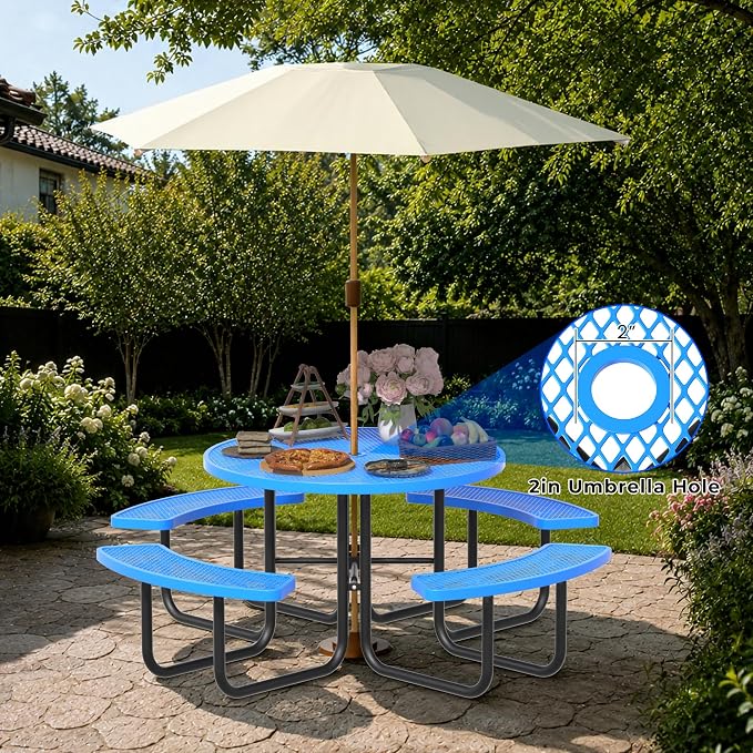 All-Weather Round Outdoor Picnic Table, Commercial Picnic Table Bench Set with Umbrella Hole, Thermoplastic Coated Metal Dining Tables for School, Stores, Park, Patio, Yard, Blue