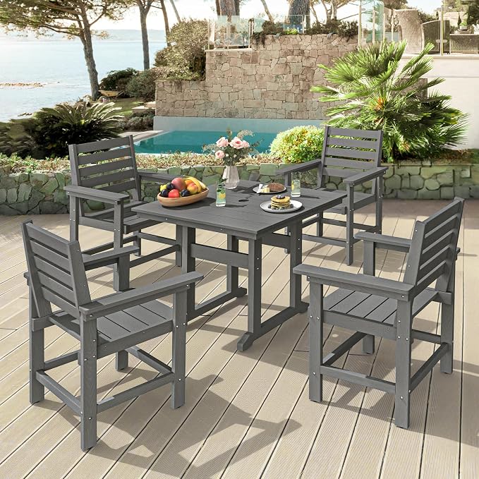 5 Piece Patio Dining Set, 35" Square HDPS Weather Resistant Outdoor Table & 4 Patio Chairs Set with 1.96" Umbrella Hole, Heavy Duty for Small Space Backyard Balcony, Grey