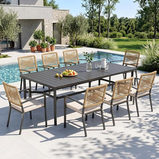 Sophia & William 9pc Patio Dining Set, 82" Rectangular Table, Wicker Chairs | Outdoor Dining Set for 8, 82" Rectangular Patio Dining Table Set with Patio Wicker Chairs for Garden, Porch, Deck