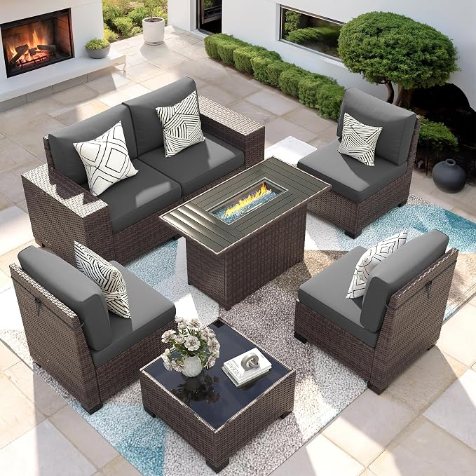 Patio Furniture Set with Fire Pit Table, 7 Piece Outdoor Sectional Conversation Sets Wicker Rattan Sectional Sofa with Coffee Table for Patio Garden Backyard, 4'' Thickened Cushion Dark Grey