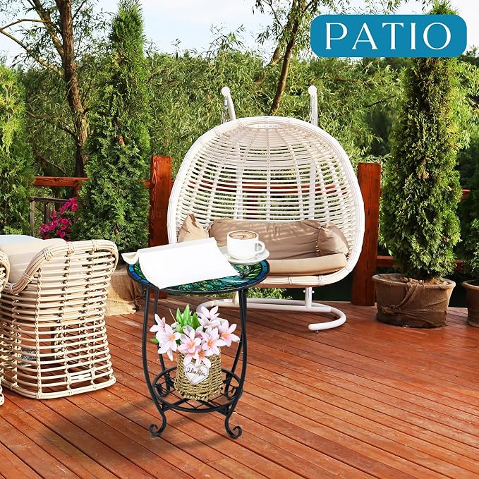 Cinnvoice Outdoor Side Table Round Small Mosaic Patio Accent Indoor End Plant Coffee Tea Table for Yard Patio Porch Garden Living Room, Bedroom(Peacock Style,14 Inch)