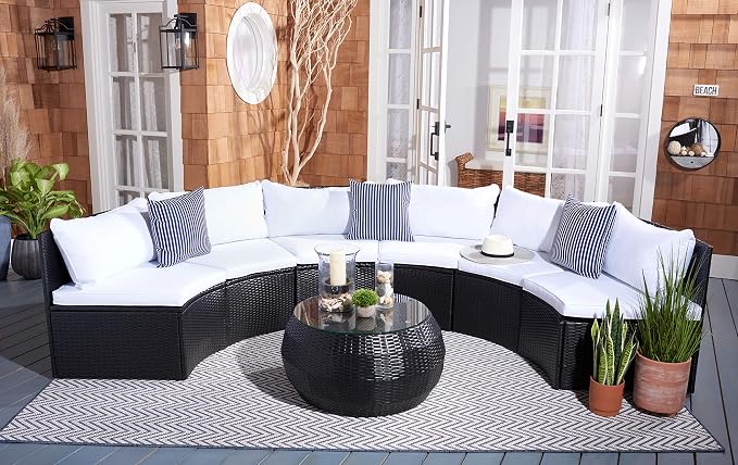 SAFAVIEH Outdoor - Jesvita 4-Piece Conversation Set - Black & White - Faux Wicker & Steel Frame - Demilune Sectional with Accent Table - Ideal for Patio, Deck, Porch, Backyard (PAT7701A)
