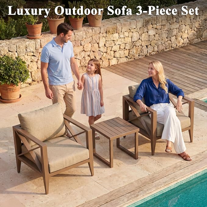 3 Piece Aluminum Patio Furniture Set, Modern Outdoor Patio Conversation Sets with Ergonomic Armhairs and Side Table, 6" Thick Washable Cushions for Balcony, Porch, Backyard,Brown
