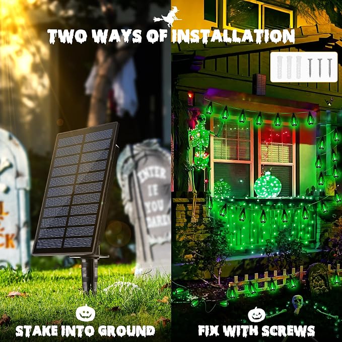 iBaycon 27FT 10 LED Solar Flame Halloween String Lights Outdoor, Green | Ultra-Real Flickering Flame Lamp Outdoor Waterproof, Solar Patio String Lights for Garden Yard Lawn Halloween Decorations
