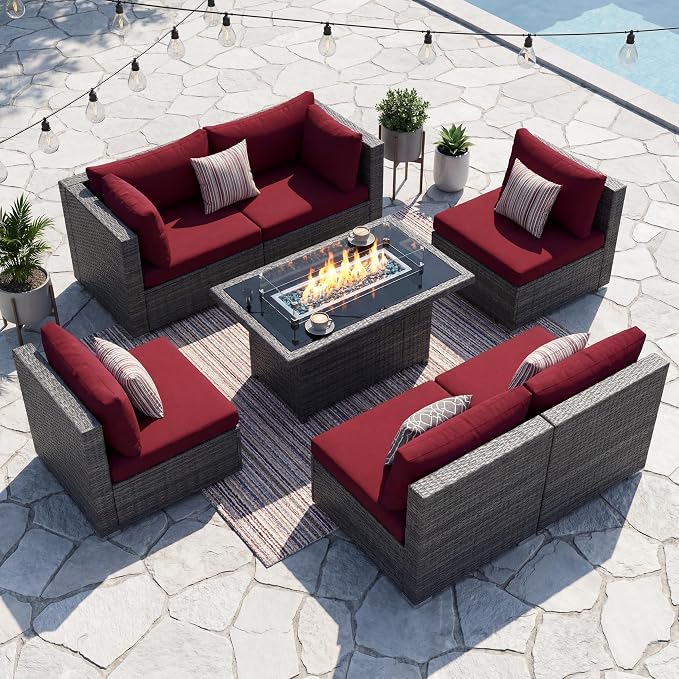 NICESOUL 7 Piece Outdoor Patio Furniture with Firepit Table Natural Gas & Propane Convertible, 29.3'' High Back L Shaped Couch Sectional, Extra Large Rattan Patio Modular Set for Backyard, Burgundy