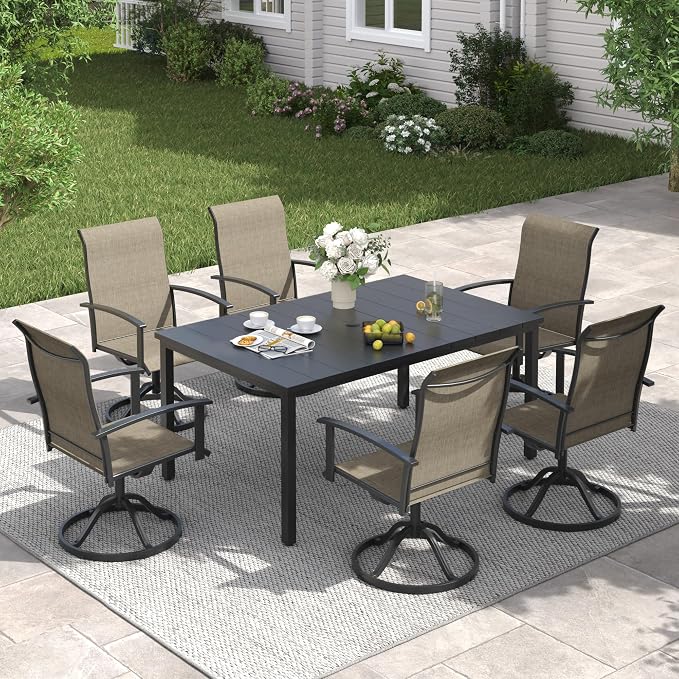 VICLLAX Outdoor Table and Chairs Set of 6, 7 Pieces Metal Patio Dining Set-63 Rectangle Dining Table and 6 Swivel Chairs for Deck, Lawn and Garden, Black Table and Mixed Brown Chairs