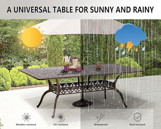 Grepatio 86.6" Patio Dining Table Outdoor Cast Aluminum Large Table, 8 People Party Table with 2" Umbrella Hole for Lawn Backyard Garden, Bronze and Blak 86.6" L x 41.3" W x 28.4" H
