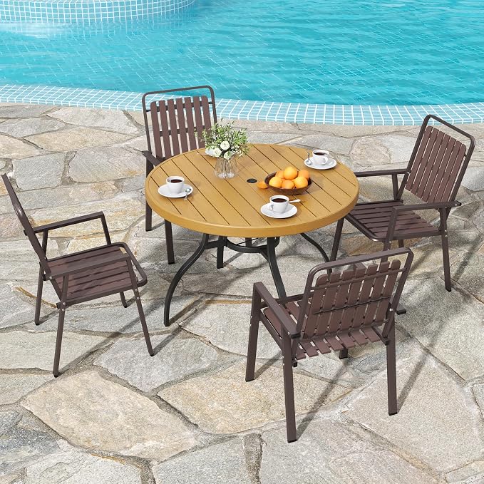 Outdoor Patio Dining Set for 4, 5 Pieces Patio Table and Chairs Set with Umbrella Hole, 41"x 41" Round Metal Wood-Grain Dining Table Set with 4 Metal Frame Patio Chairs for Deck , Backyard, Porch