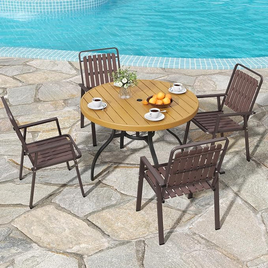 Outdoor Patio Dining Set for 4, 5 Pieces Patio Table and Chairs Set with Umbrella Hole, 41"x 41" Round Metal Wood-Grain Dining Table Set with 4 Metal Frame Patio Chairs for Deck , Backyard, Porch