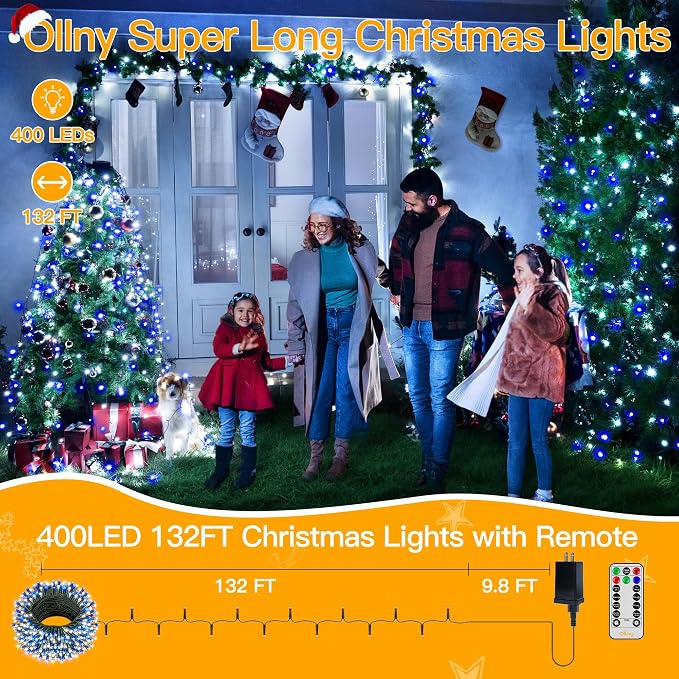 Ollny Christmas Lights Outdoor Indoor Decor, 132FT 400LED Blue & White String Lights 8 Modes Plug in Waterproof, Xmas Fairy Lights with Remote for Tree House Holiday Yard Bedroom Home Party
