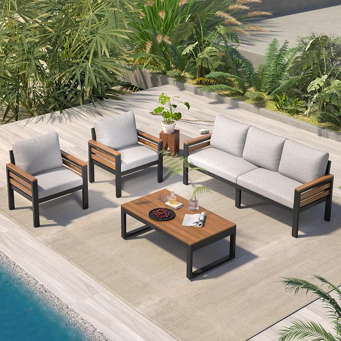 4-Piece Patio Set, Outdoor Furniture Sofa Set for 5 People with Acacia Wood Armrests, Conversation Set with Solid Wood Coffee Table, 2 Single Chairs, 3-Seater Sofa for Garden and Backyard (Beige/453)