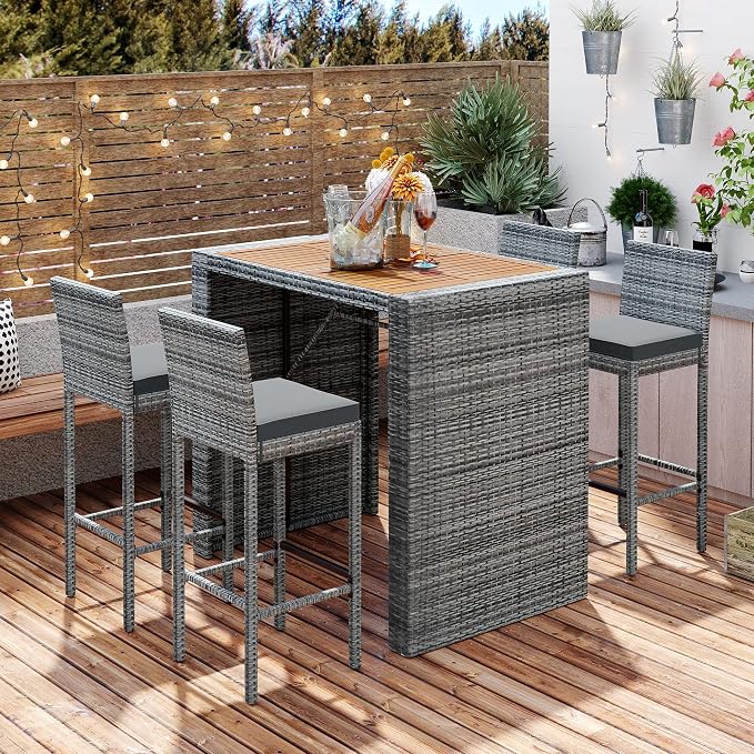 5-Pieces Outdoor Patio Wicker Bar Set,5-Piece Outdoor Patio Dining Set,Bar Height Chairs with Non-Slip Feet and Fixed Rope, Removable Cushion, Acacia Wood Table Top