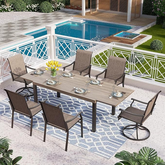 PHI VILLA Patio Dining Table and Chairs, 2 Swivel & 4 Stable Patio Dining Chairs, Exdentable Dining Table with Wooden Like Table Top,Sturdy Metal Frame and Textilene Quick-Dry Fabric