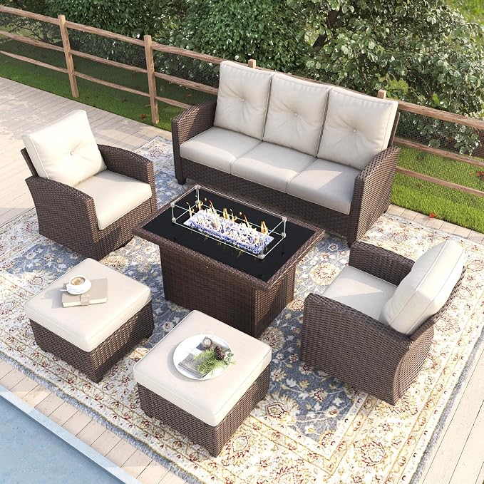 6 Pieces Patio Furniture Swivel Chairs Set with Fire Pit Table, Outdoor Wicker Glider Rocking Chairs with Sofa Set