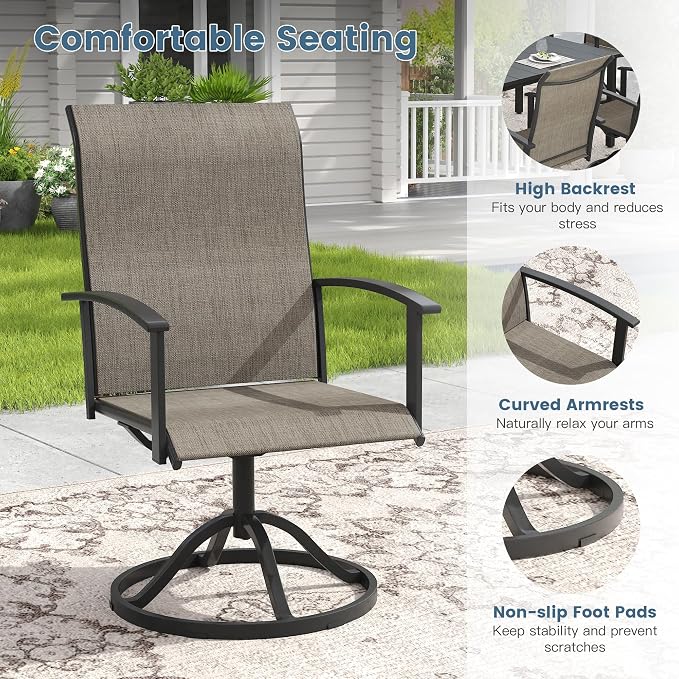 DIFY 5 Pieces Outdoor Dining Set for 4, 40.6" Black Round Metal Table with Umbrella Hole and Brown Textilene Swivel Patio Chairs, Patio Table and Chairs Set for Garden, Backyard, Poolside
