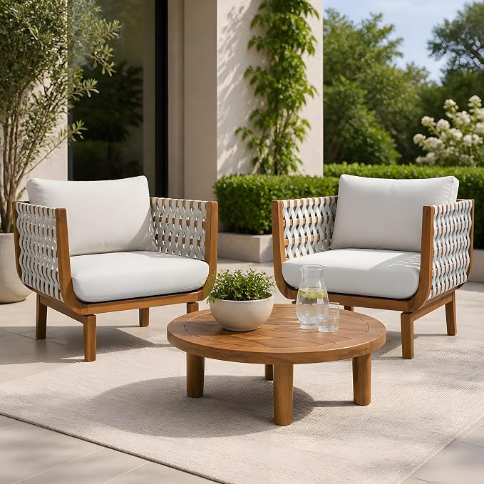Merax Outdoor Acacia Wood Armchair wtih Cushions Set of 2, Teak+ Beige | Patio Sofa Chair with Hand-Woven Rope, Sturdy Base for Porch, Lawn, Backyard, Balcony, Easy Assemble,