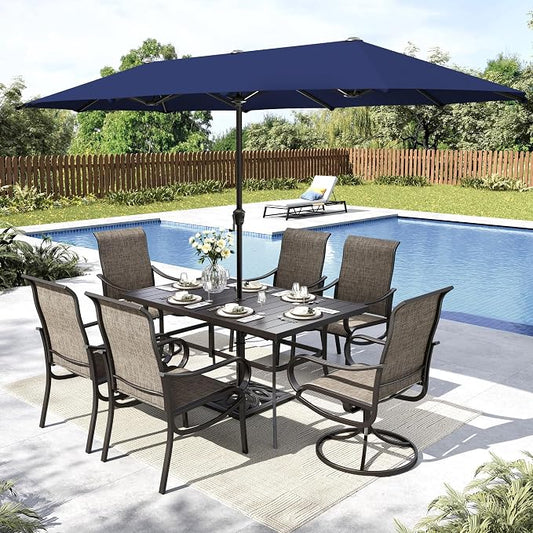 MFSTUDIO Patio Dining Set with Umbrella, Outdoor Dining Set for 6 Persons, Patio Furniture Set with 1 Rectangular Table Fixed Chairs 2 Swivel Chairs & Navy Blue Umbrella (Base not Included)
