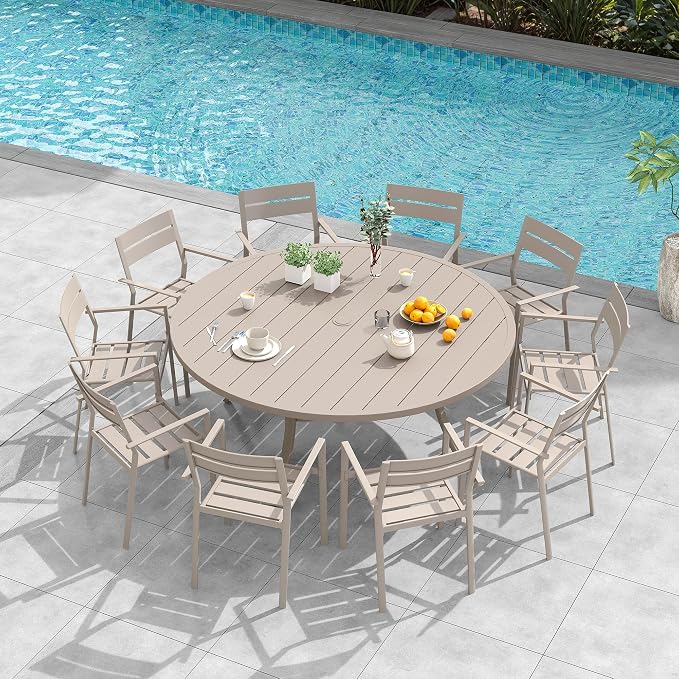 VICLLAX Patio 11 Pieces Outdoor Dining Set, Wrought Iron Metal Outdoor Table and Chairs Set, 60" Round Table with Umbrella Hole and 8 Stackable Chairs for Lawn, Garden, Porch, Sandshell