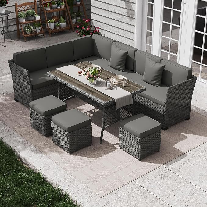KIGOTY 7 Piece Patio Furniture Set, Outdoor PE Wicker Rattan Outdoor Dining Set, Patio Table and Chairs Set, Patio Conversation Sofa Set with Dining Table and Ottoman(Grey-Grey)