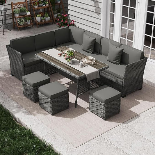 KIGOTY 7 Piece Patio Furniture Set, Outdoor PE Wicker Rattan Outdoor Dining Set, Patio Table and Chairs Set, Patio Conversation Sofa Set with Dining Table and Ottoman(Grey-Grey)