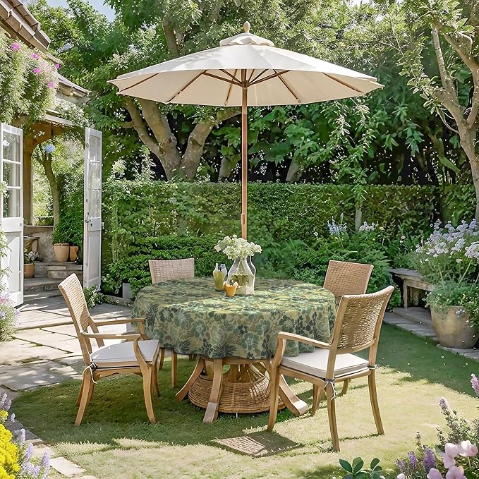 DYTXIII Outdoor Round Tablecloth with Umbrella Hole 60 Inch, Water Repellent & Fade Resistant Table Cover, All Weather Outdoor Tablecloth for Garden & Party Table, Green Rose
