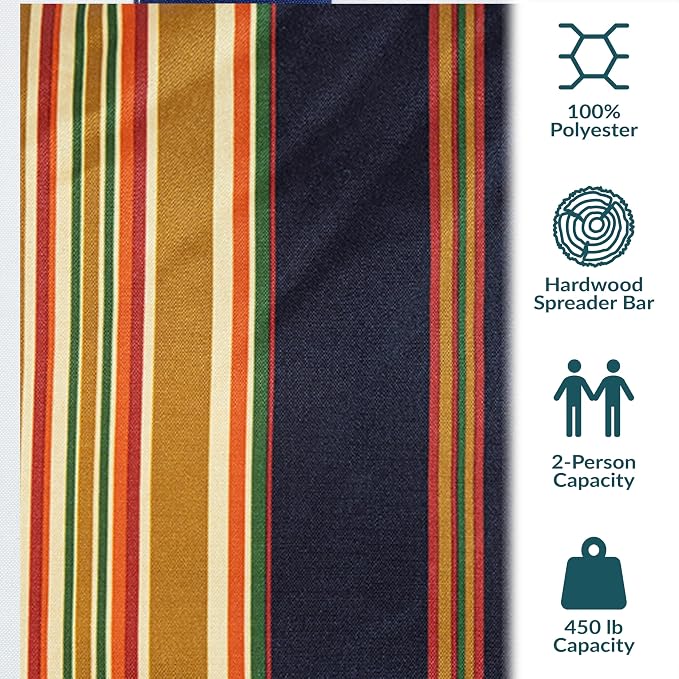 Sunnydaze Extra Large Quilted Hammock with Spreader Bars - 2-Person Hammock for Outside - Woodland Stripe