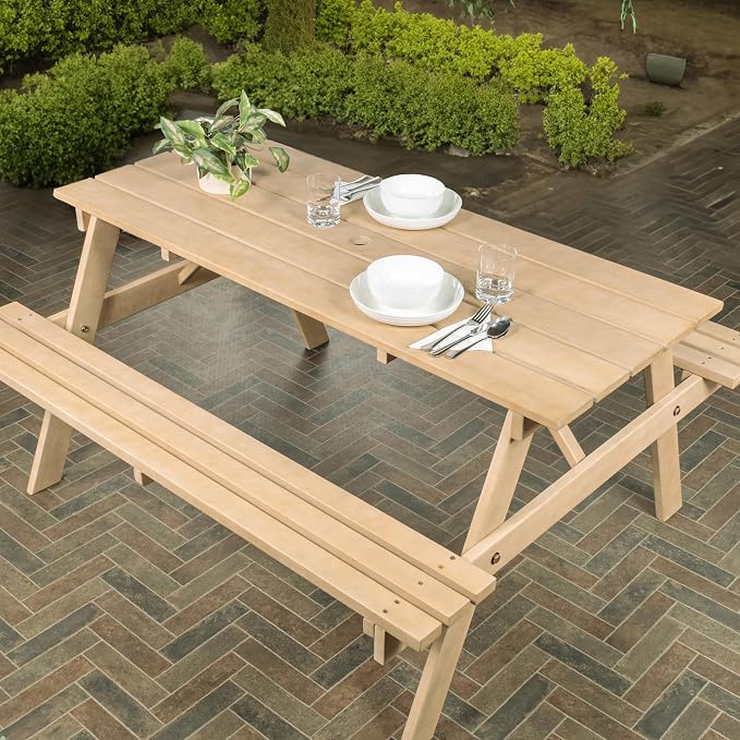 JONATHAN Y Shoreham 55.18" Eucalyptus Wood Outdoor Picnic Table with Benches for Patio, Rectangular Dining Set with 2" Umbrella Hole, Heavy Duty 700 lbs Capacity, Light Teak BNH200B-NEW