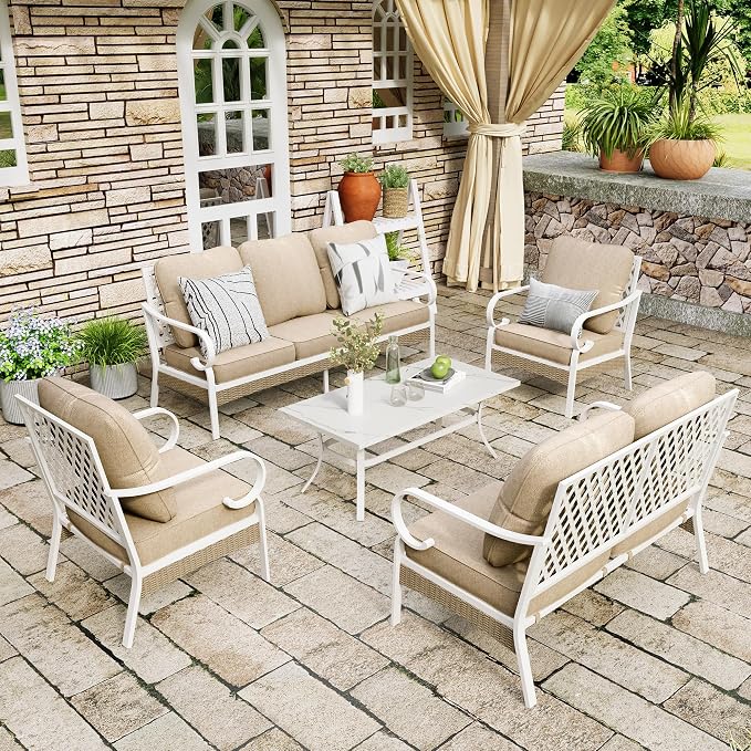 MIXPATIO 5 Piece Patio Furniture Set, 2 x Fixed Chair, 1 x 2-Seat Sofa, 1 x 3-Seat Sofa with Marbling Coffee Table, All Cushioned 7 Seats Outdoor Conversation Set for Lawn Garden Backyard, Beige