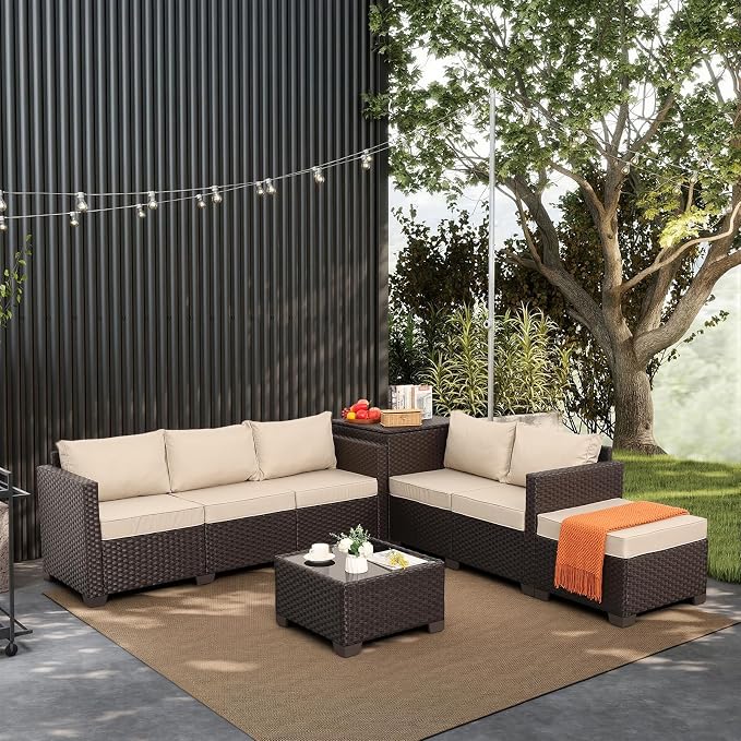 Valita 5 Pieces Brown Wicker Patio Furniture Set Outdoor Sectional Conversation Sofa Set with Storage Bin and Glass Table with Non-Slip Cushions Furniture Covers, Beige