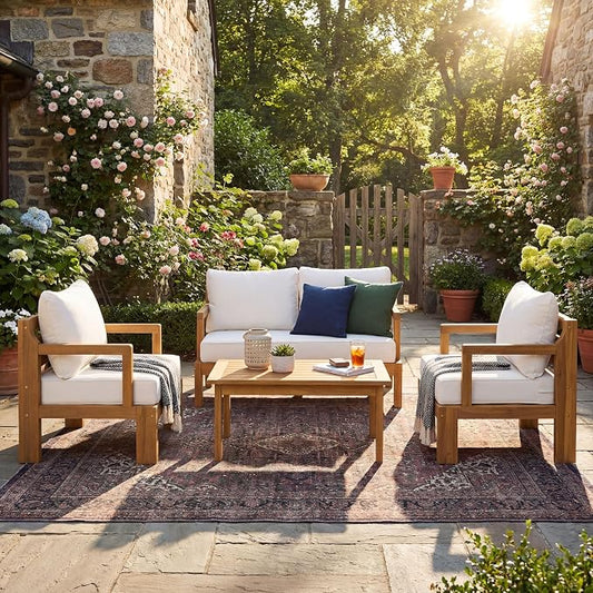 JIVOIT Outdoor 4-Seater Acacia Wood Patio Chat Set, 4 Pieces Conversation Set with Club Chair, 2 Seater Sofa and Coffee Table, Outdoor Seating Group for Garden, Backyard, Balcony