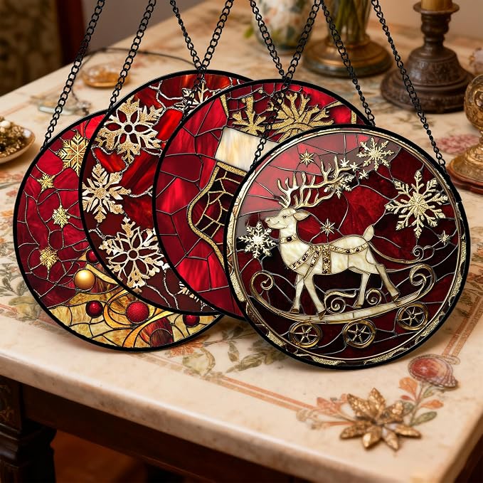 DASTOLL Stained Glass Window Hanging 4 Pcs Set Red Christmas Elk Snowflakes Large 11.8" - Deer Suncatcher Door Garden Sun Catcher Decor Birthday for Mom Woman Nana Men Friend