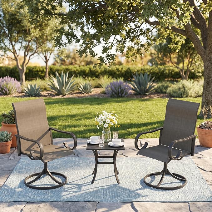3 Pieces Patio Dining Set, 2 Outdoor Swivel Dining Chairs with 18.1" Square Outdoor Dining Table, All Weather Textilene Patio Chairs and Metal Table for Garden Backyard, Mixed Brown & Black