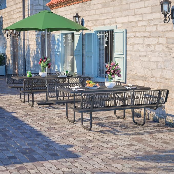 72'' Heavy Duty Outdoor Picnic Table with Backrest - Commercial Grade Rectangular Steel Picnic Table Set, Umbrella Hole, Rust-Resistant Metal Mesh Tabletop for Patio, Garden, Park, BBQ - Black